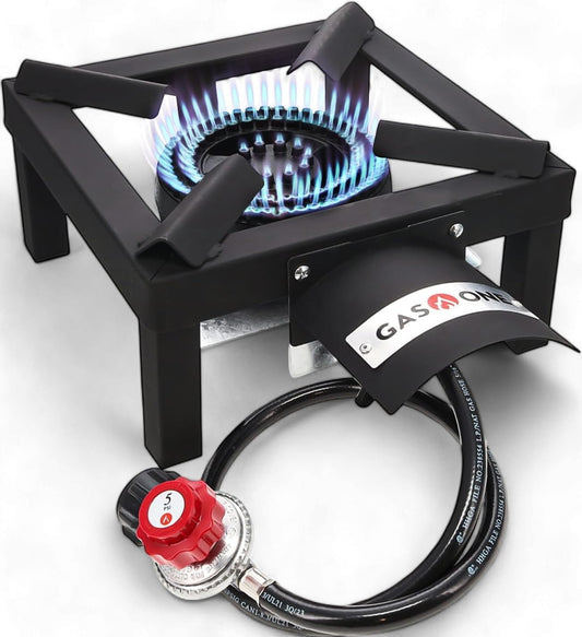 GasOne High Pressure Single Propane Burner – Outdoor Cooking Burner with Heat Shield & Guard