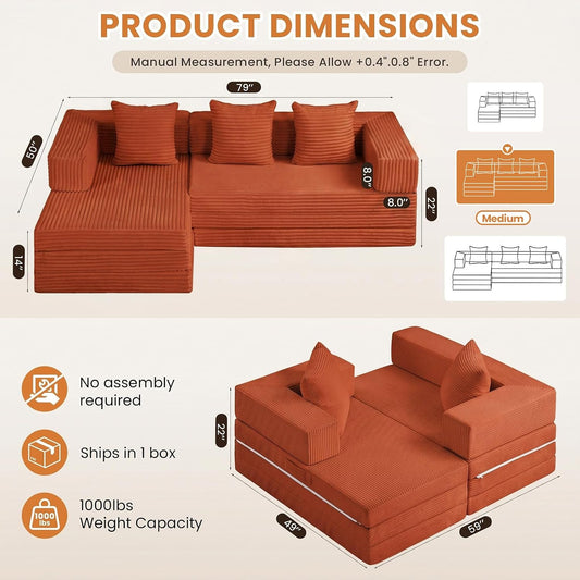 79" Modular Sectional Sofa – Boneless Convertible Sleeper Sofa Bed with L-Shape Chaise, Orange