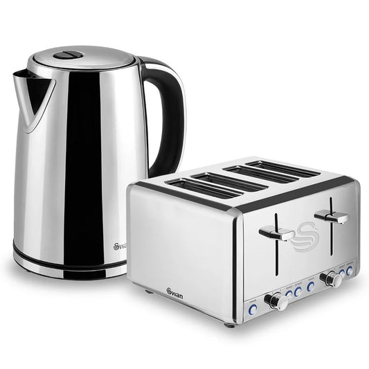 Classic Polished Stainless Steel Cordless Kettle & 4 Slice Toaster